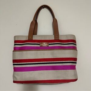 Kate Spade Oak Island Canvas Stripe Leather‎ Trim Magazine Tote Bag GUC